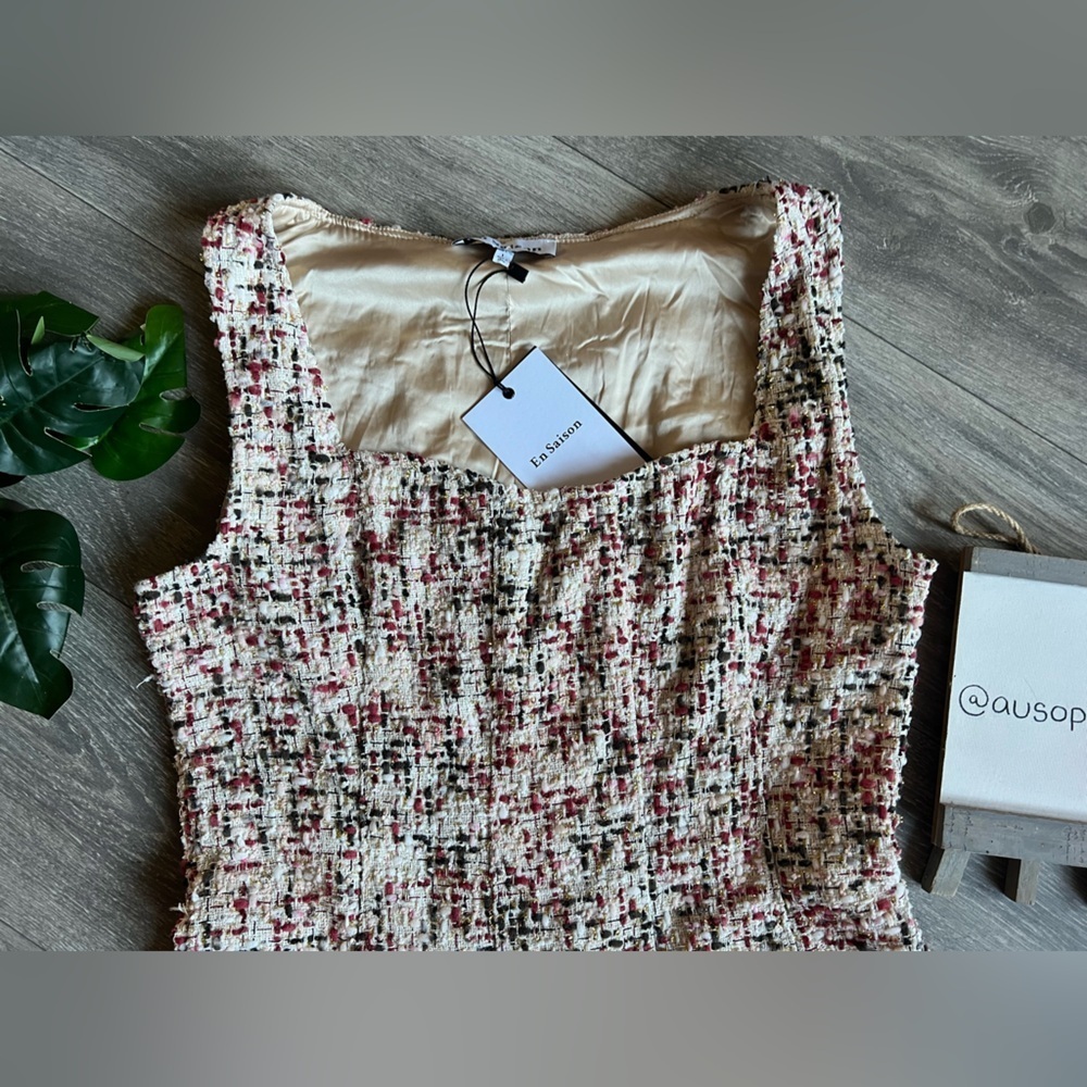 En Saison Everleigh Tweed Boucle Metallic Pleated Sleeveless mini dress L NWT - Picture 6 of 16